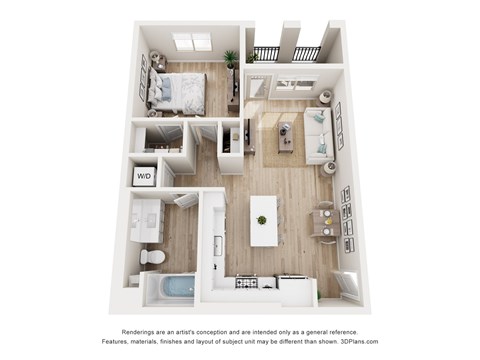 A 3D floor plan of a small apartment with a kitchen, living room, and bathroom.